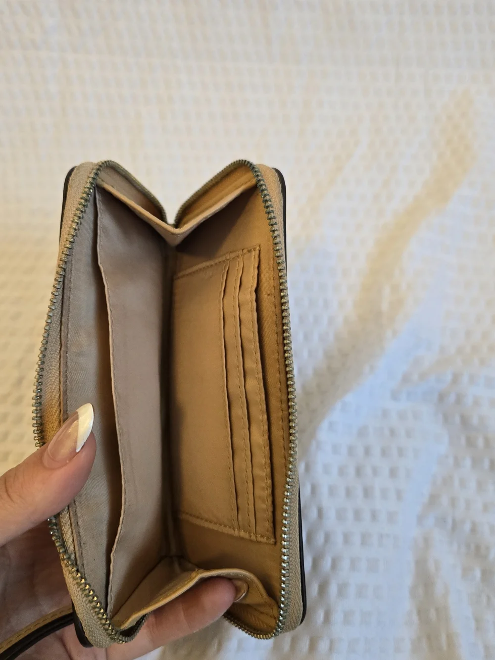 COACH Beige Perforated Zip Wristlet Wallet with Wrist Strap